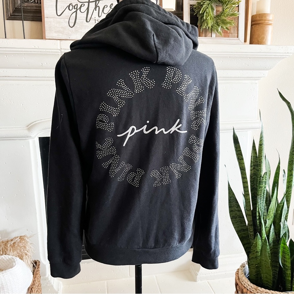 Victoria's Secret Pink Black Logo Hoodie Full-Zip Sweatshirt Pockets Size M